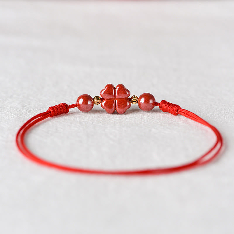 Buddha Stones Four Leaf Clover Cinnabar Blessing Calm String Bracelet Anklet