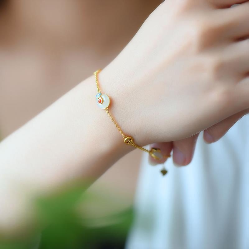 Buddha Stones Peace Buckle White Jade Luck Copper Bracelet
