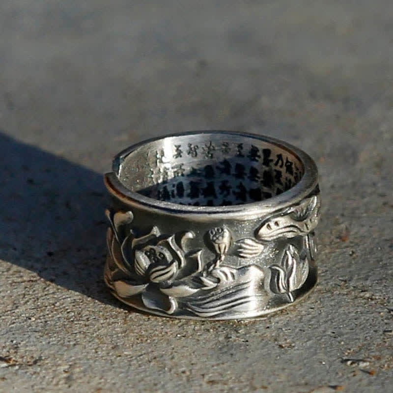 Buddha Stones 999 Sterling Silver Luck Koi Fish Lotus Heart Sutra Wealth Ring