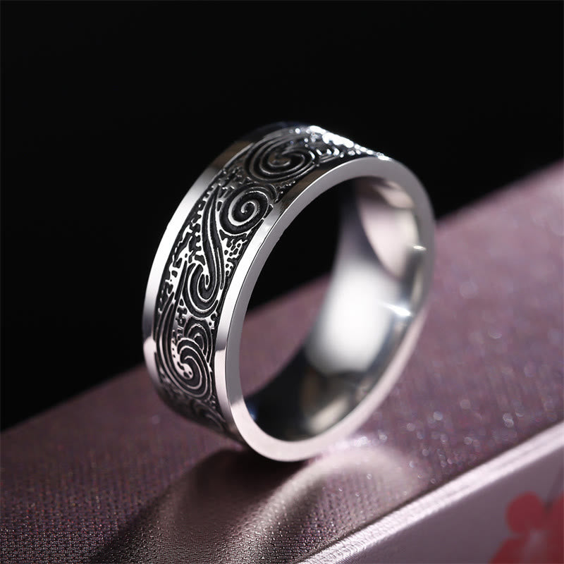 Buddha Stones Vintage Wave Auspicious Clouds Engraved Pattern Titanium Steel Balance Ring