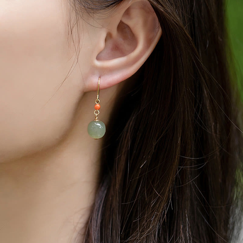 Buddha Stones 925 Sterling Silver Plated 14k Gold Hetian Jade Red Agate Luck Drop Dangle Earrings