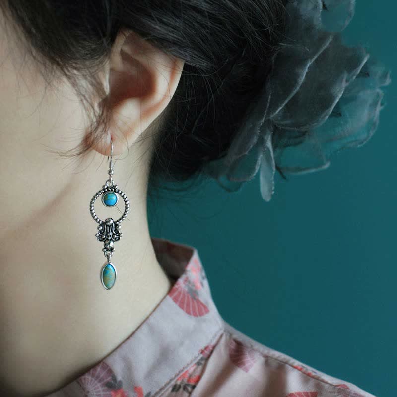 Buddha Stones 925 Sterling Silver Vintage Turquoise Waterdrop Pattern Balance Drop Dangle Earrings