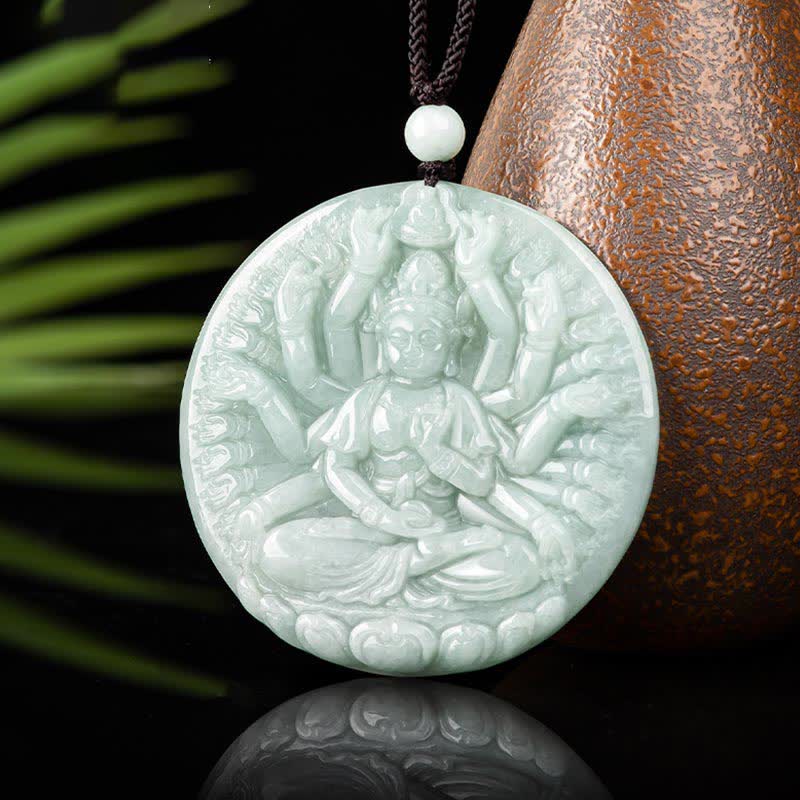 Buddha Stones Thousand-Hand Kwan Yin Avalokitesvara Jade Blessing String Necklace Pendant