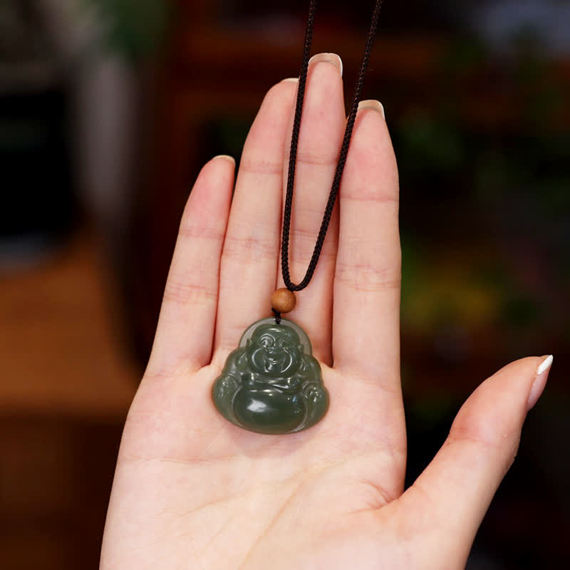 Buddha Stones Laughing Buddha Hetian Jade Healing Calm Necklace String Pendant