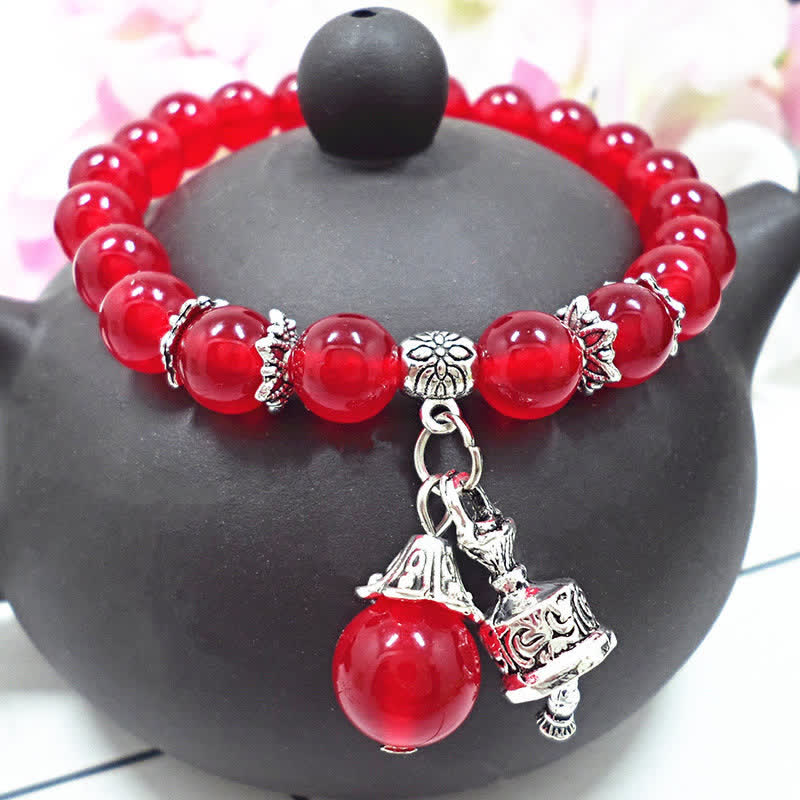 Buddha Stones Vintage Crystal Chalcedony Stone Energy Beaded Bell Charm Bracelet
