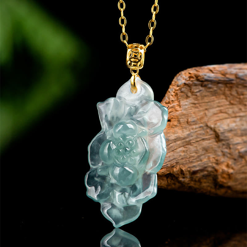 Buddha Stones 925 Sterling Silver Chain 18K Gold Buckle Natural Jade Lotus Pattern Prosperity Necklace Pendant