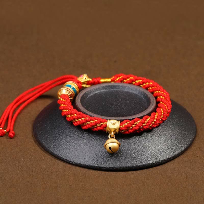 Buddha Stones Tibetan Handmade Luck Protection Thangka Prayer Wheel Bell Charm Braid String Bracelet