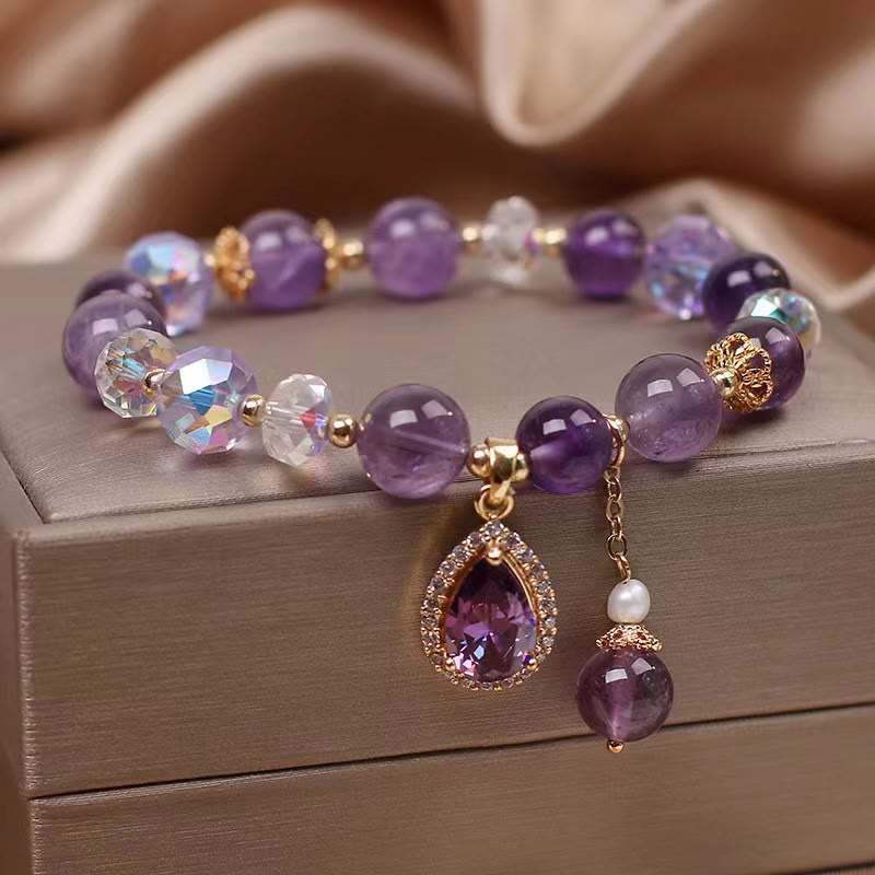 Buddha Stones Natural Amethyst Zircon Love Heart Healing Soul Charm Bracelet