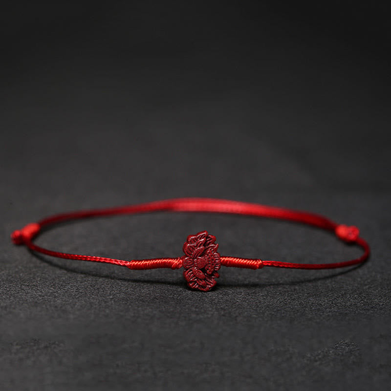 Buddha Stones Handmade Plum Blossom Four Leaf Clover PiXiu Lotus Koi Fish Cinnabar Blessing Braid Bracelet