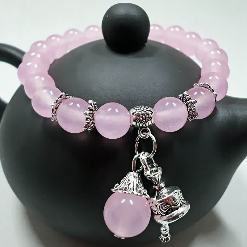 Buddha Stones Vintage Crystal Chalcedony Stone Energy Beaded Bell Charm Bracelet