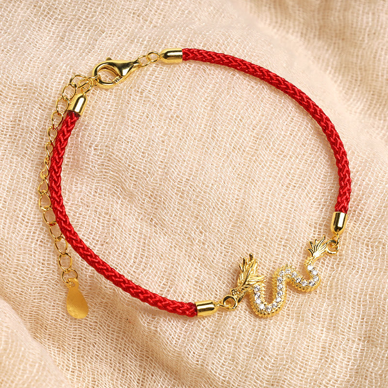 Buddha Stones 925 Sterling Silver Year Of The Dragon Auspicious Golden Dragon Luck Red Rope Chain Bracelet (Extra 30% Off | USE CODE: FS30)