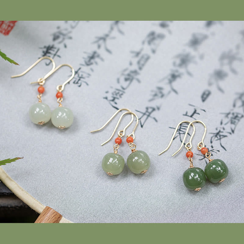 Buddha Stones 925 Sterling Silver Plated 14k Gold Hetian Jade Red Agate Luck Drop Dangle Earrings