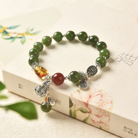 Buddha Stones 925 Sterling Silver Hetian Cyan Jade Gourd Amber Success Bracelet