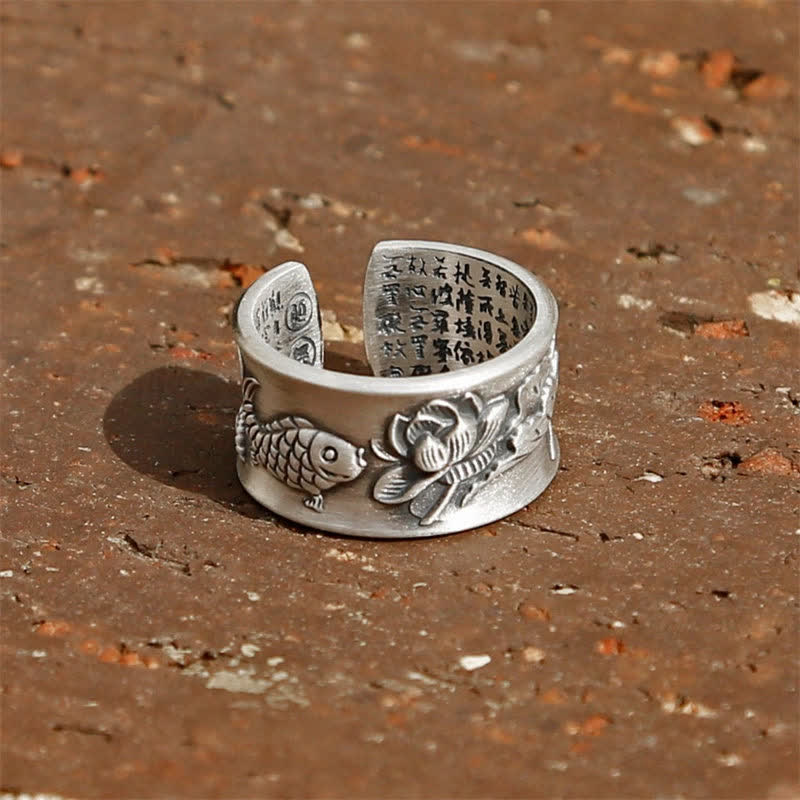 Buddha Stones 999 Sterling Silver Luck Koi Fish Lotus Heart Sutra Wealth Ring
