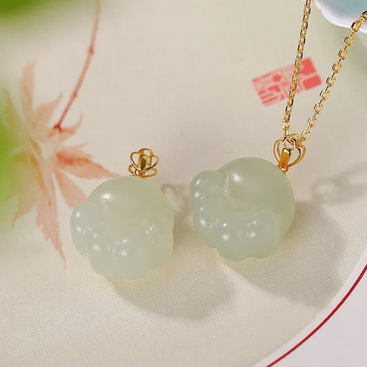 Buddha Stones 925 Sterling Silver Hetian White Jade Cute Cat Paw Luck Necklace Pendant