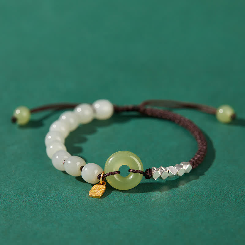 Buddha Stones 925 Sterling Silver Hetian Jade Peace Buckle Beaded Luck Happiness Charm Bracelet