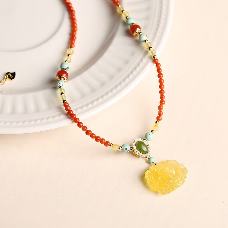 Buddha Stones 925 Sterling Silver Natural Red Agate Amber Peony Confidence Charm Necklace Pendant