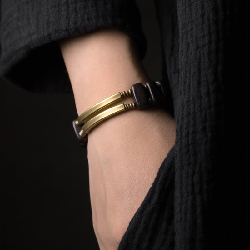 Buddha Stones Tibetan Ebony Wood Brass Copper Balance Double Layer Bracelet
