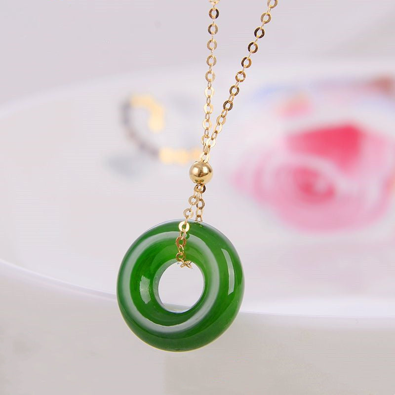 Round Cyan Jade Healing 14k Gold Plated Copper Necklace Pendant