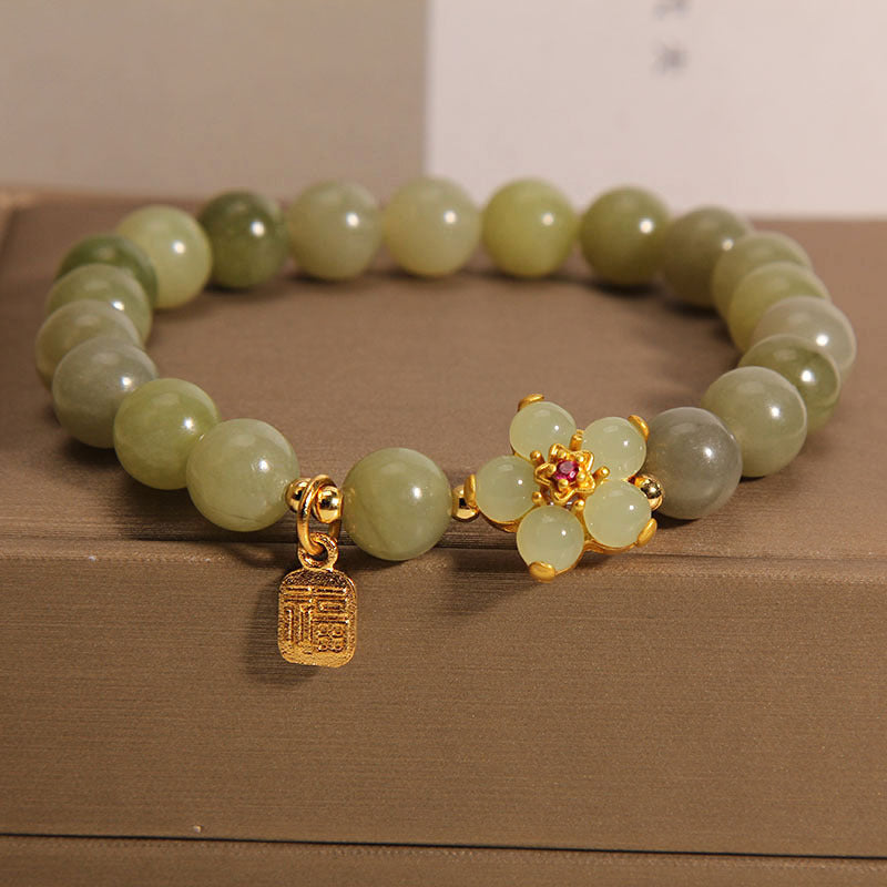 Buddha Stones "Hoping for Peace and Blooming Joy" Green Jade Bracelet Includes Gift Message Card