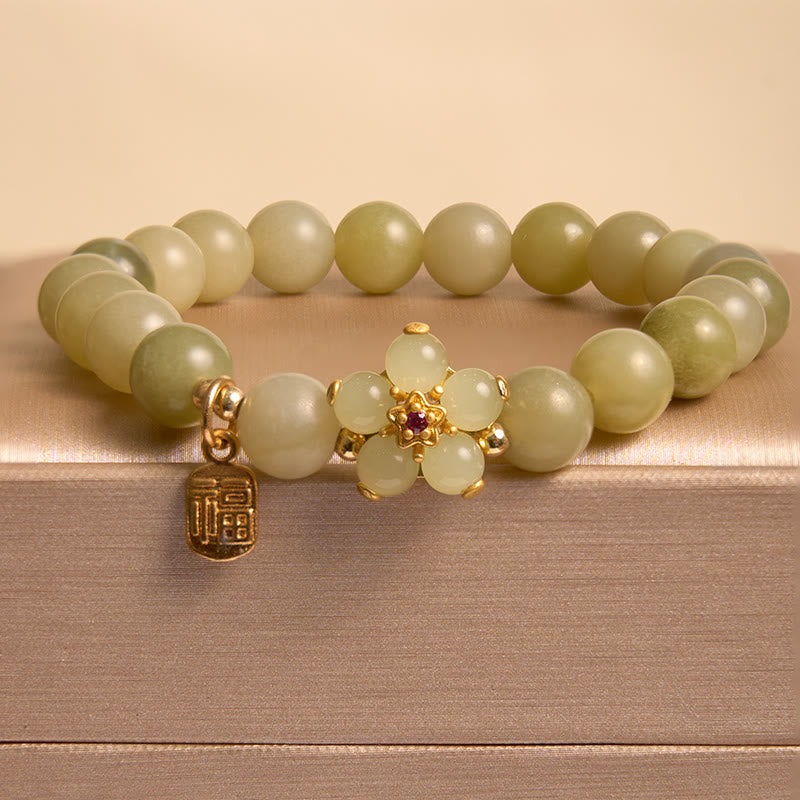 Buddha Stones "Hoping for Peace and Blooming Joy" Green Jade Bracelet Includes Gift Message Card