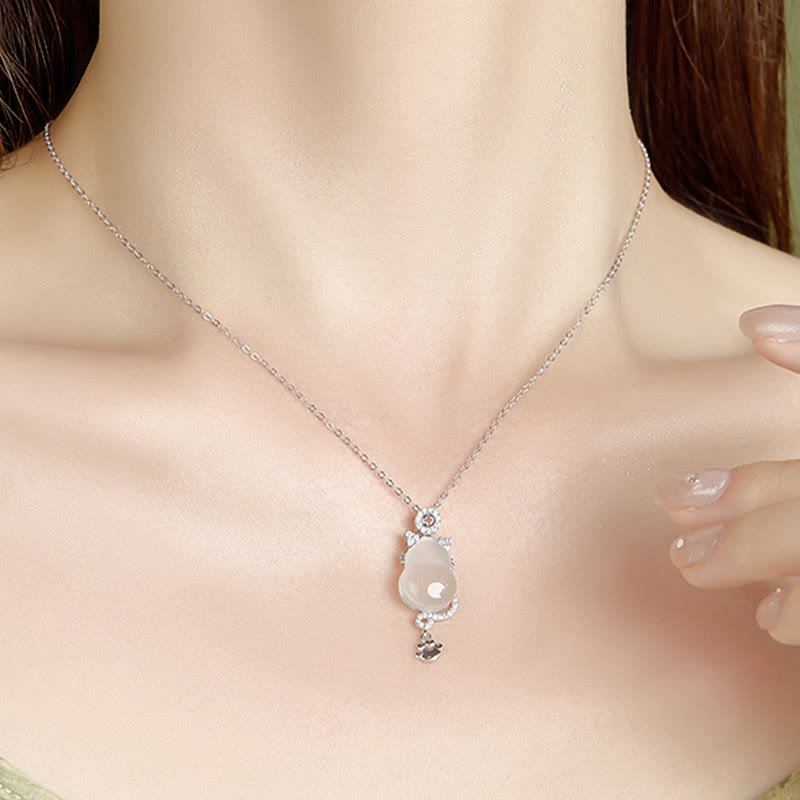 Buddha Stones 925 Sterling Silver Plated 14k Gold White Jade Gourd Cat Protection Necklace Pendant