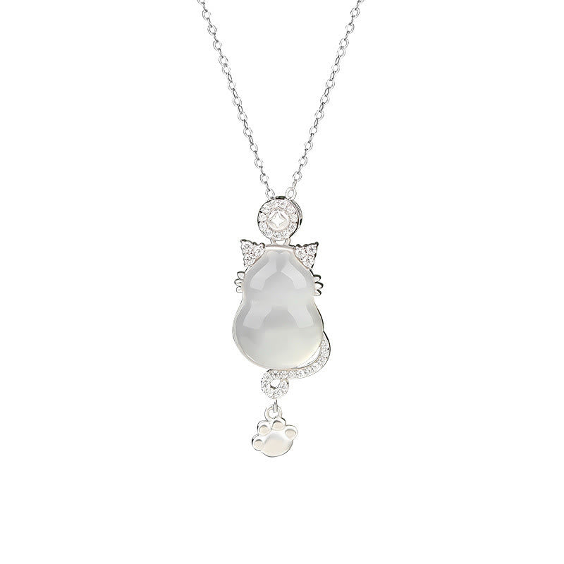 Buddha Stones 925 Sterling Silver Plated 14k Gold White Jade Gourd Cat Protection Necklace Pendant