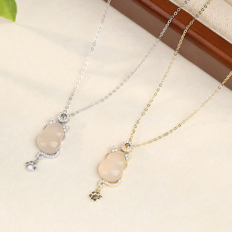 Buddha Stones 925 Sterling Silver Plated 14k Gold White Jade Gourd Cat Protection Necklace Pendant