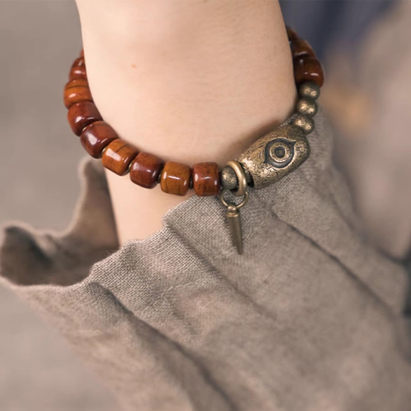 Buddha Stones Bone Beads Dzi Shape Copper Cone Pendant Strength Bracelet