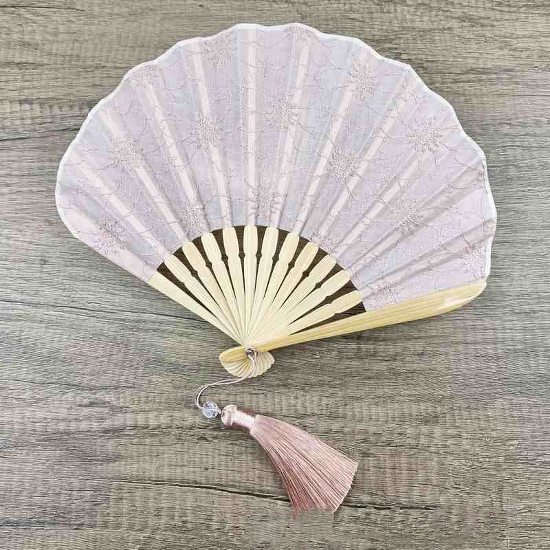Buddha Stones Retro Large Flower Embroidery Shell Shape Tassels Handheld Bamboo Folding Fan