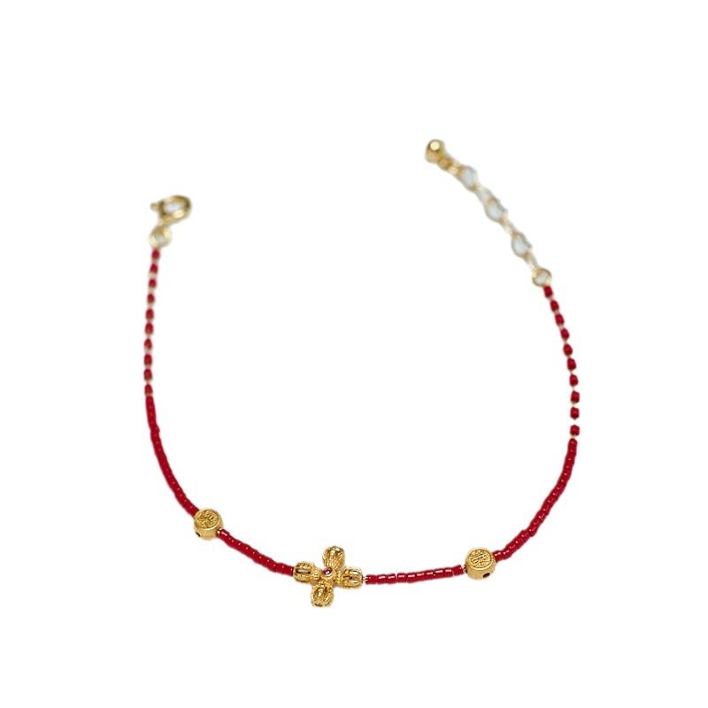 Buddha Stones 925 Sterling Silver Plated 24k Gold Liuli Glass Bead PiXiu Four Leaf Clover Joy And Happiness Wealth Bracelet