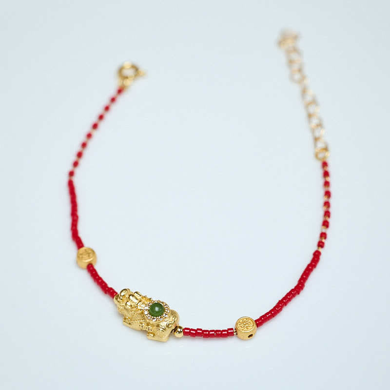Buddha Stones 925 Sterling Silver Plated 24k Gold Liuli Glass Bead PiXiu Four Leaf Clover Joy And Happiness Wealth Bracelet