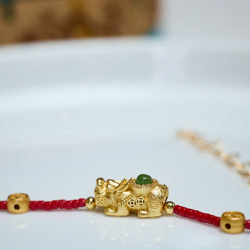 Buddha Stones 925 Sterling Silver Plated 24k Gold Liuli Glass Bead PiXiu Four Leaf Clover Joy And Happiness Wealth Bracelet
