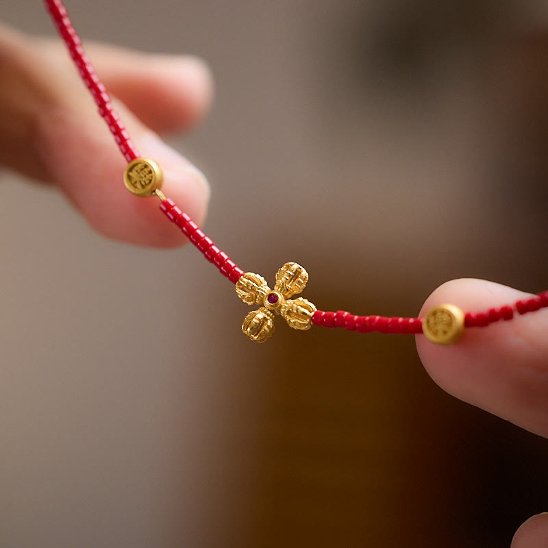 Buddha Stones 925 Sterling Silver Plated 24k Gold Liuli Glass Bead PiXiu Four Leaf Clover Joy And Happiness Wealth Bracelet