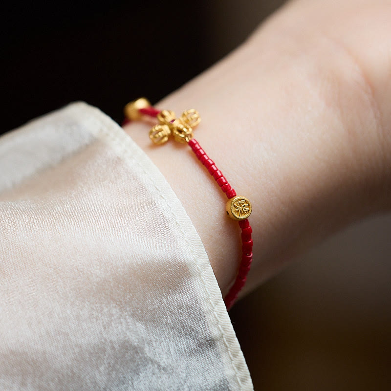 Buddha Stones 925 Sterling Silver Plated 24k Gold Liuli Glass Bead PiXiu Four Leaf Clover Joy And Happiness Wealth Bracelet