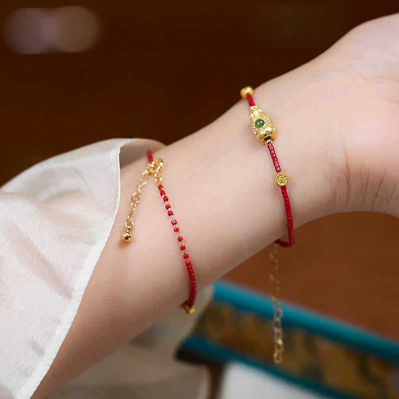 Buddha Stones 925 Sterling Silver Plated 24k Gold Liuli Glass Bead PiXiu Four Leaf Clover Joy And Happiness Wealth Bracelet