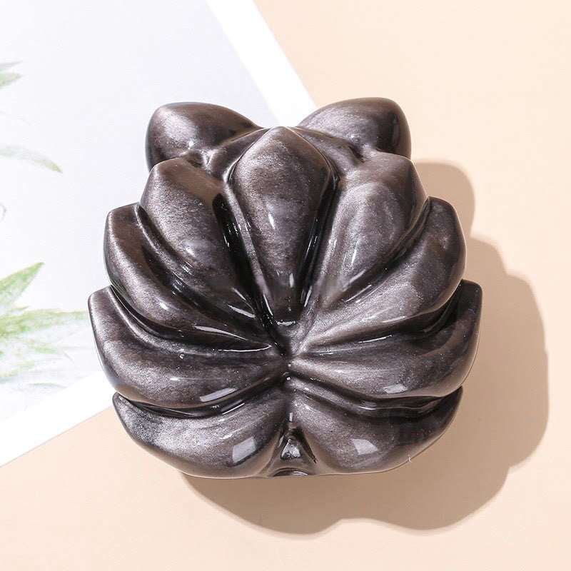 Buddha Stones Natural Silver Sheen Obsidian Nine Tailed Fox Protection Home Decoration