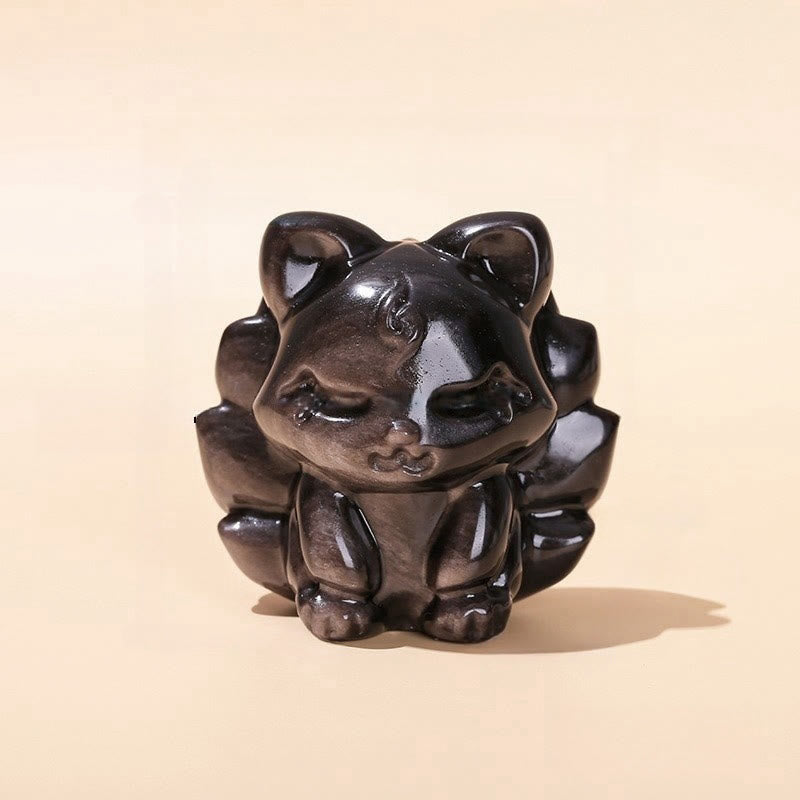 Buddha Stones Natural Silver Sheen Obsidian Nine Tailed Fox Protection Home Decoration