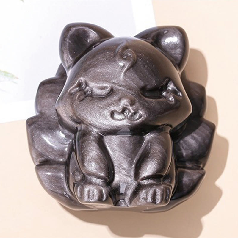 Buddha Stones Natural Silver Sheen Obsidian Nine Tailed Fox Protection Home Decoration