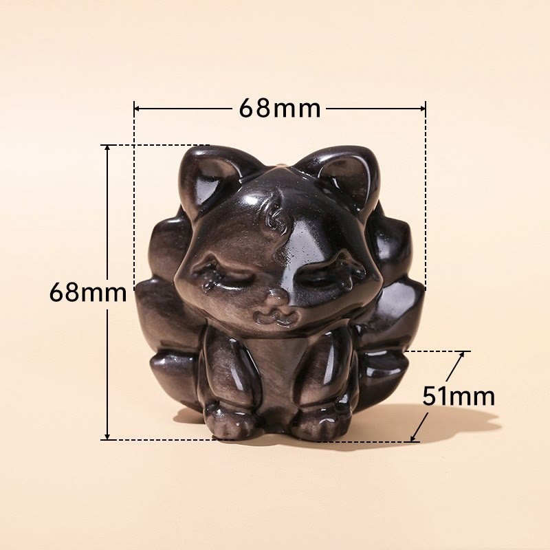 Buddha Stones Natural Silver Sheen Obsidian Nine Tailed Fox Protection Home Decoration