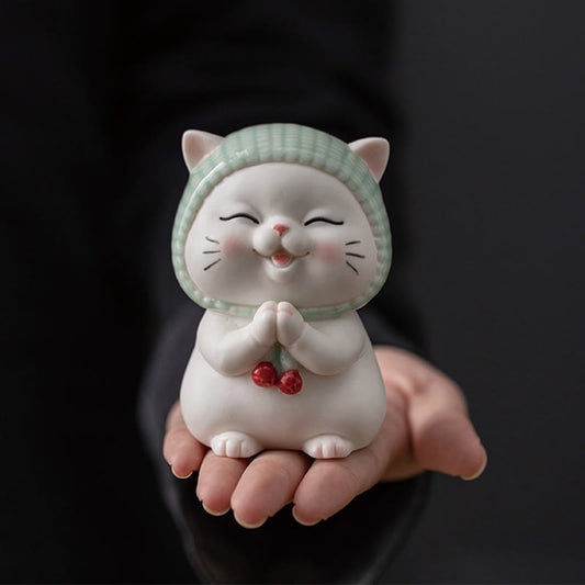 Buddha Stones Lucky Cute Cat In Scarf Ceramic Figurine Decoration