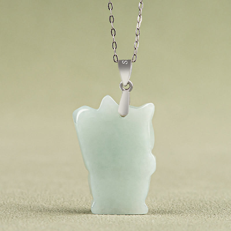 Buddha Stones 925 Sterling Silver Jade Fortune Cat Prosperity Necklace Pendant