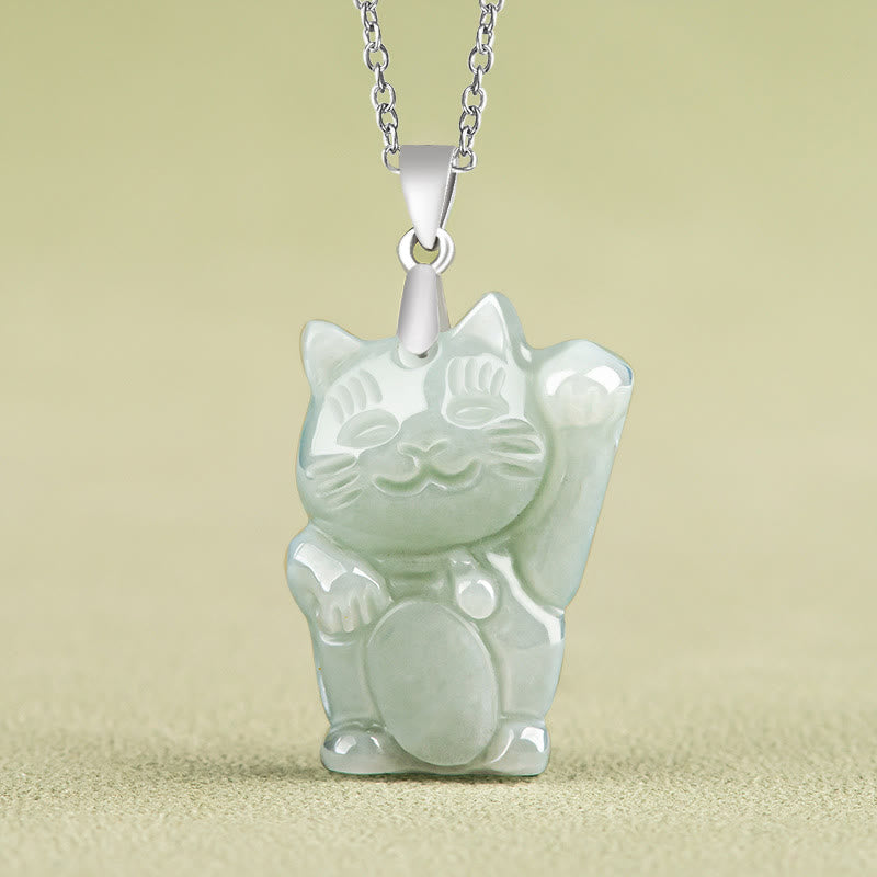 Buddha Stones 925 Sterling Silver Jade Fortune Cat Prosperity Necklace Pendant