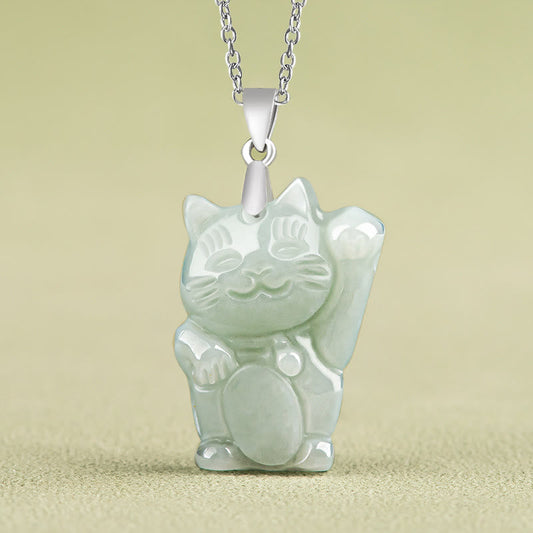 Buddha Stones 925 Sterling Silver Jade Fortune Cat Prosperity Necklace Pendant