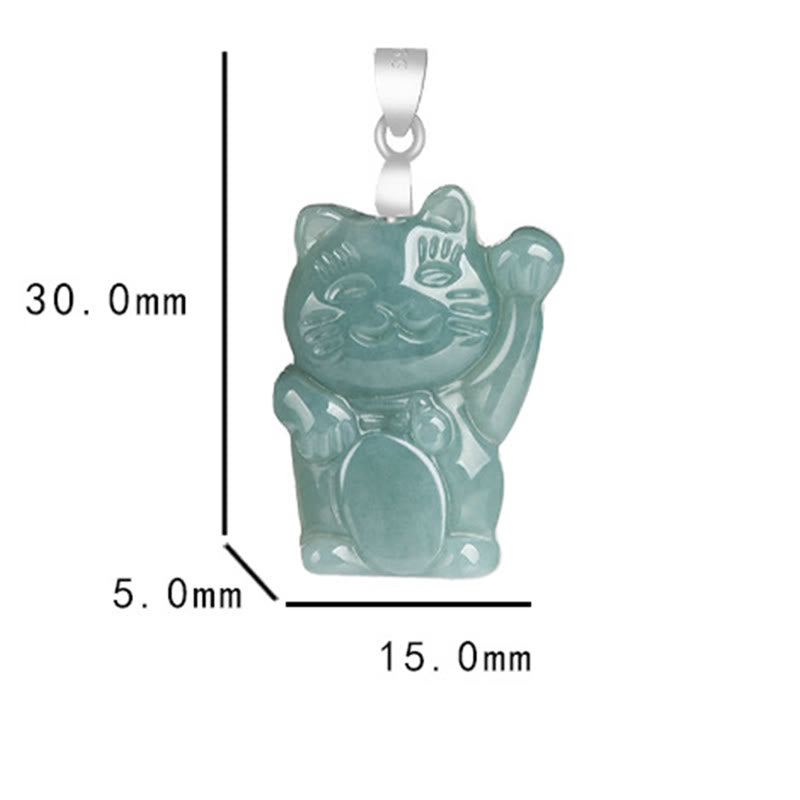 Buddha Stones 925 Sterling Silver Natural Jade Lucky Cat Abundance Necklace Pendant