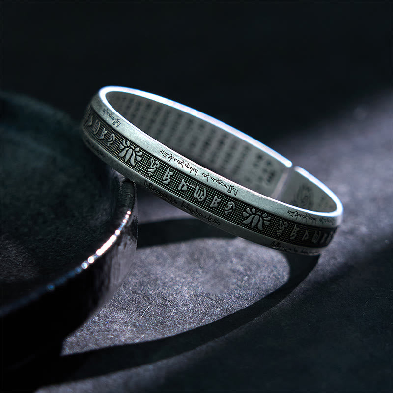 Buddha Stones Om Mani Padme Hum Heart Sutra Mantra Lotus Peace Meditation Cuff Bracelet Bangle