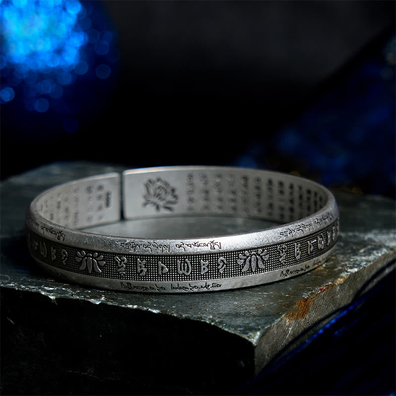 Buddha Stones Om Mani Padme Hum Heart Sutra Mantra Lotus Peace Meditation Cuff Bracelet Bangle