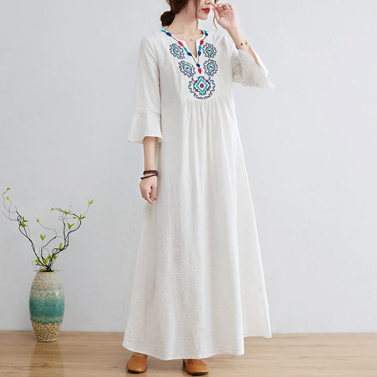 Buddha Stones Loose Plain Ethnic Embroidery Floral Pattern Three Quarter Sleeve Cotton Linen Maxi Dress