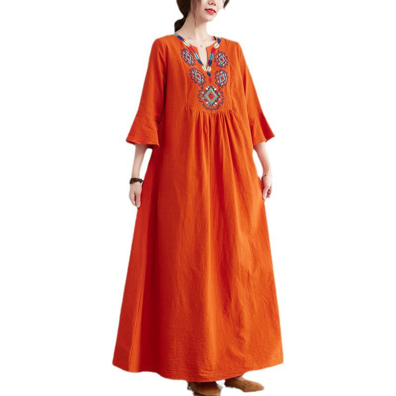 Buddha Stones Loose Plain Ethnic Embroidery Floral Pattern Three Quarter Sleeve Cotton Linen Maxi Dress