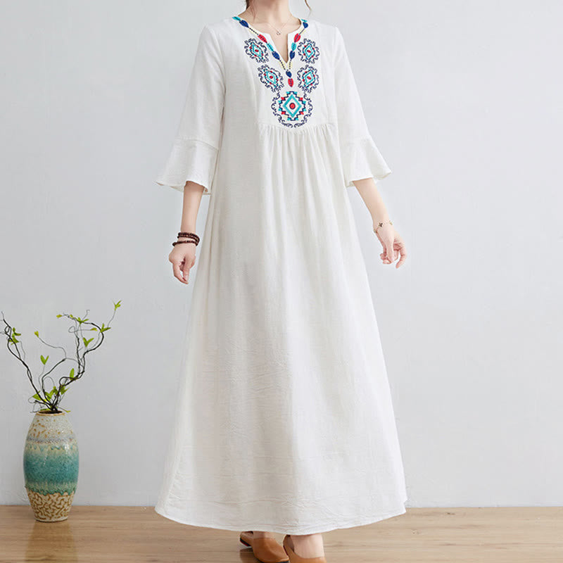 Buddha Stones Loose Plain Ethnic Embroidery Floral Pattern Three Quarter Sleeve Cotton Linen Maxi Dress